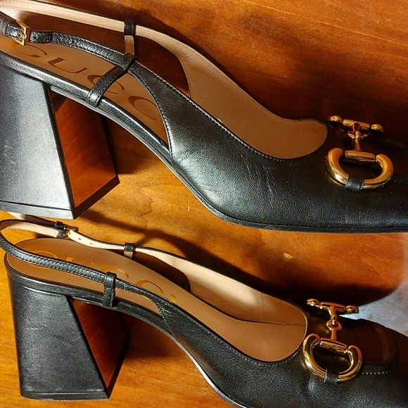 GUCCI Black Midheel Slingback Leather Pumps w/ Block Heels Horsebit Size 40 / 10 - Picture 4 of 8